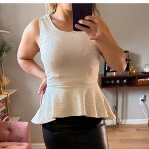 Papaya Sleeveless Peplum Top‎ Cream Beige Textured Blouse Elegant Women's Size M